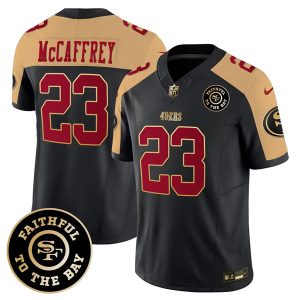 Men's San Francisco 49ers #23 Christian McCaffrey Black-Gold 2023 F.U.S.E. Faithful To The Bay Patch Stitched Jersey - Custom Name