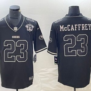 Men's San Francisco 49ers #23 Christian McCaffrey Black With 75th Anniversary Patch Stitched Jersey - Custom Name
