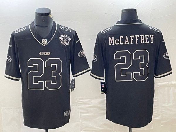 Men's San Francisco 49ers #23 Christian McCaffrey Black With 75th Anniversary Patch Stitched Jersey - Custom Name