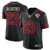 Men's San Francisco 49ers #23 Christian McCaffrey Black With 75th Anniversary Patch Stitched Jersey1 - Custom Name