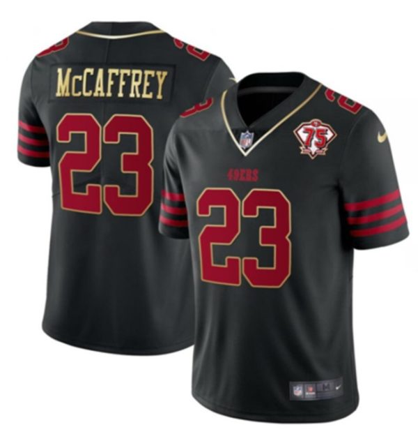 Men's San Francisco 49ers #23 Christian McCaffrey Black With 75th Anniversary Patch Stitched Jersey1 - Custom Name