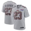 Men's San Francisco 49ers #23 Christian McCaffrey Gray 2024 Super Bowl LVIII Patch Atmosphere Fashion Stitched Game Jersey - Custom Name