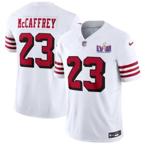 Men's San Francisco 49ers #23 Christian McCaffrey New White F.U.S.E. Super Bowl LVIII Patch Vapor Untouchable Limited Stitched Football Jersey - Custom Name