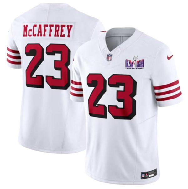 Men's San Francisco 49ers #23 Christian McCaffrey New White F.U.S.E. Super Bowl LVIII Patch Vapor Untouchable Limited Stitched Football Jersey - Custom Name