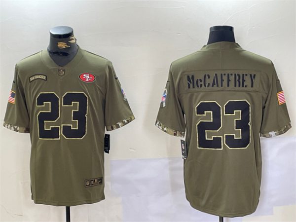 Men's San Francisco 49ers #23 Christian McCaffrey Olive 2022 Salute To Service Limited Stitched Jersey - Custom Name
