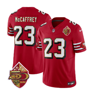 Men's San Francisco 49ers #23 Christian McCaffrey Red 2023 F.U.S.E. 50th Patch Throwback Stitched Football Jersey - Custom Name