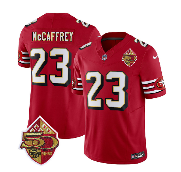 Men's San Francisco 49ers #23 Christian McCaffrey Red 2023 F.U.S.E. 50th Patch Throwback Stitched Football Jersey - Custom Name