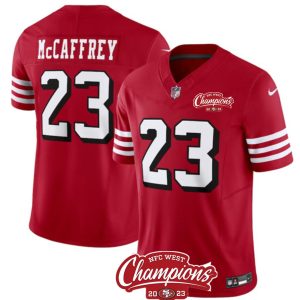 Men's San Francisco 49ers #23 Christian McCaffrey Red 2023 F.U.S.E. NFC West Champions Patch Alternate Stitched Football Jersey - Custom Name