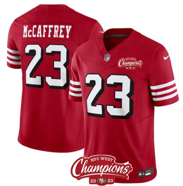 Men's San Francisco 49ers #23 Christian McCaffrey Red 2023 F.U.S.E. NFC West Champions Patch Alternate Stitched Football Jersey - Custom Name