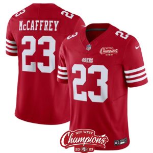 Men's San Francisco 49ers #23 Christian McCaffrey Red 2023 F.U.S.E. NFC West Champions Patch Stitched Football Jersey - Custom Name