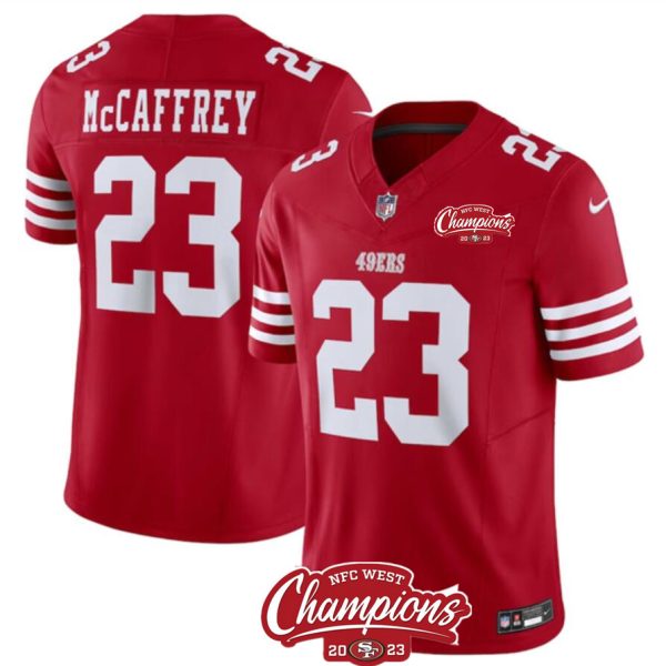 Men's San Francisco 49ers #23 Christian McCaffrey Red 2023 F.U.S.E. NFC West Champions Patch Stitched Football Jersey - Custom Name