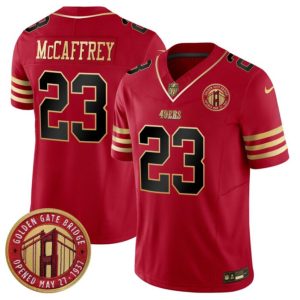 Men's San Francisco 49ers #23 Christian McCaffrey Red F.U.S.E. Golden Gate Bridge Patch Balck Scarlet Vapor Limited Stitched Football Jersey - Custom Name