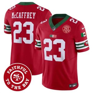 Men's San Francisco 49ers #23 Christian McCaffrey Red F.U.S.E. Mexico Faithful To The Bay Patch Vapor Limited Stitched Football Jersey - Custom Name