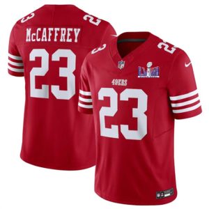 Men's San Francisco 49ers #23 Christian McCaffrey Red F.U.S.E. Super Bowl LVIII Patch Vapor Untouchable Limited Stitched Football Jersey - Custom Name