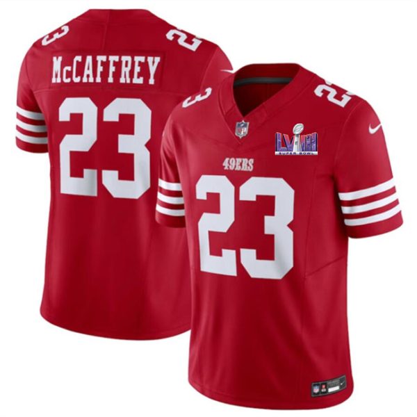 Men's San Francisco 49ers #23 Christian McCaffrey Red F.U.S.E. Super Bowl LVIII Patch Vapor Untouchable Limited Stitched Football Jersey - Custom Name