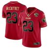 Men's San Francisco 49ers #23 Christian McCaffrey Red Gold 75 Anniversary Patch Limited Stitched Football Jersey - Custom Name