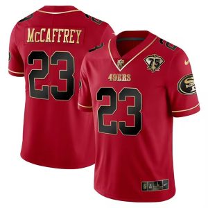 Men's San Francisco 49ers #23 Christian McCaffrey Red Gold 75 Anniversary Patch Limited Stitched Football Jersey - Custom Name