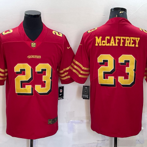 Men's San Francisco 49ers #23 Christian McCaffrey Red Gold Vapor Untouchable Limited Stitched Jersey - Custom Name