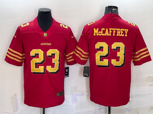 Men's San Francisco 49ers #23 Christian McCaffrey Red Gold Vapor Untouchable Limited Stitched Jersey - Custom Name