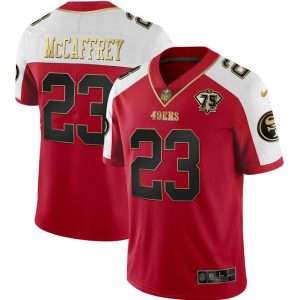 Men's San Francisco 49ers #23 Christian McCaffrey Red Gold With 75th Patch Vapor Limited Stitched Football Jersey - Custom Name