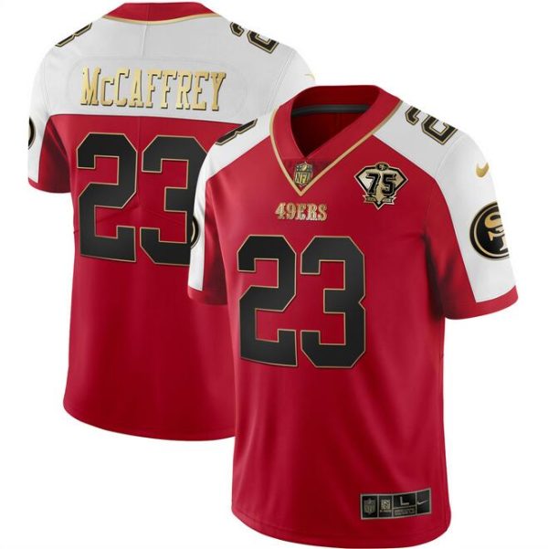 Men's San Francisco 49ers #23 Christian McCaffrey Red Gold With 75th Patch Vapor Limited Stitched Football Jersey - Custom Name