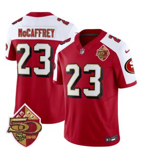 Men's San Francisco 49ers #23 Christian McCaffrey Red-Black With Patch Cool Base Stitched Baseball Jersey - Custom Name