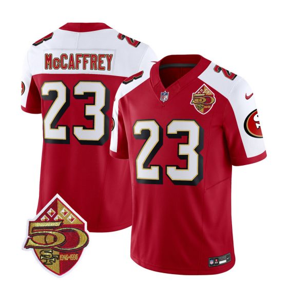 Men's San Francisco 49ers #23 Christian McCaffrey Red-Black With Patch Cool Base Stitched Baseball Jersey - Custom Name