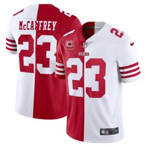 Men's San Francisco 49ers #23 Christian McCaffrey Red & White Split With 4-Star C Patch Limited Stitched Jersey - Custom Name