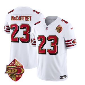 Men's San Francisco 49ers #23 Christian McCaffrey White 2023 F.U.S.E. 50th Patch Vapor Untouchable Limited Stitched Football Jersey - Custom Name