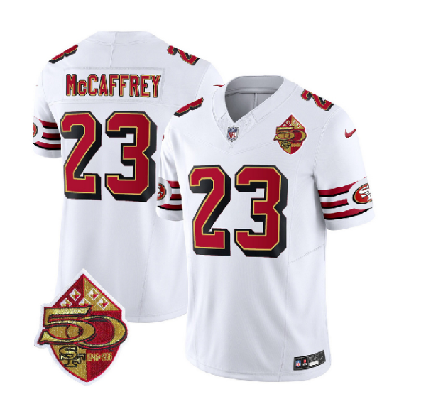 Men's San Francisco 49ers #23 Christian McCaffrey White 2023 F.U.S.E. 50th Patch Vapor Untouchable Limited Stitched Football Jersey - Custom Name