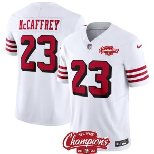 Men's San Francisco 49ers #23 Christian McCaffrey White 2023 F.U.S.E. NFC West Champions Patch Alternate Stitched Football Jersey - Custom Name