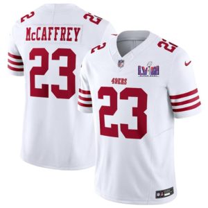 Men's San Francisco 49ers #23 Christian McCaffrey White F.U.S.E. Super Bowl LVIII Patch Vapor Untouchable Limited Stitched Football Jersey - Custom Name