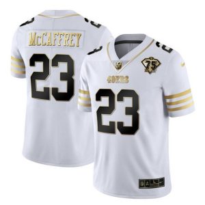 Men's San Francisco 49ers #23 Christian McCaffrey White Gold With 75th Patch Stitched Jersey - Custom Name