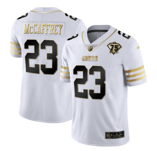 Men's San Francisco 49ers #23 Christian McCaffrey White Gold With 75th Patch Stitched Jersey - Custom Name