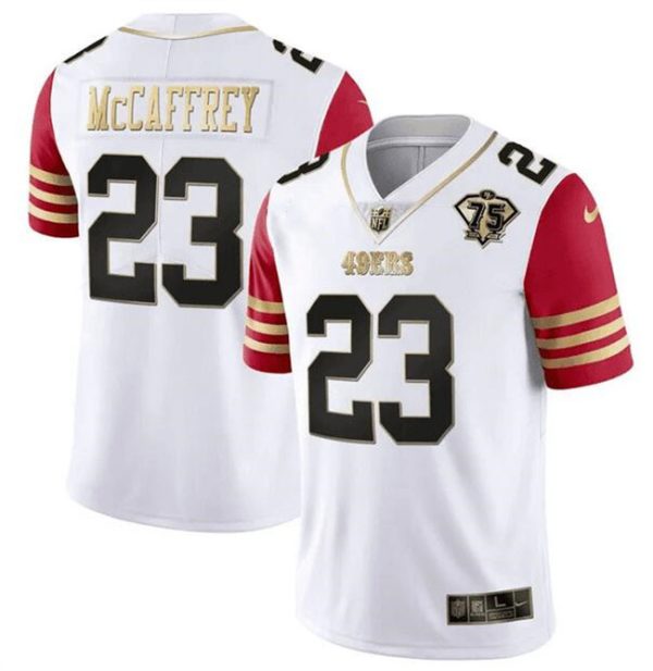 Men's San Francisco 49ers #23 Christian McCaffrey White-Red With 75th Anniversary Patch Stitched Jersey - Custom Name
