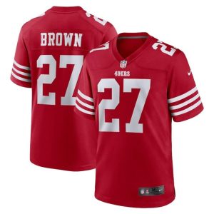 Men's San Francisco 49ers #27 Ji'Ayir Brown Red Stitched Game Jersey - Custom Name