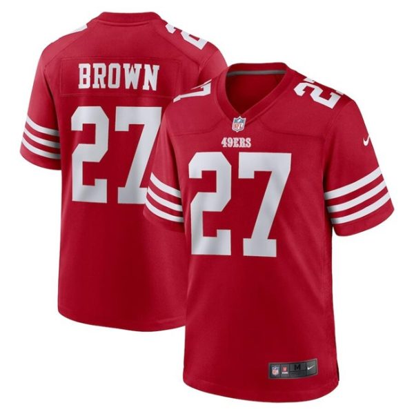 Men's San Francisco 49ers #27 Ji'Ayir Brown Red Stitched Game Jersey - Custom Name