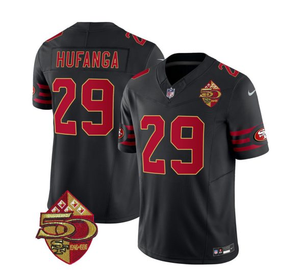 Men's San Francisco 49ers #29 Talanoa Hufanga Black 2023 F.U.S.E. 50th Patch Vapor Limited Stitched Football Jersey - Custom Name