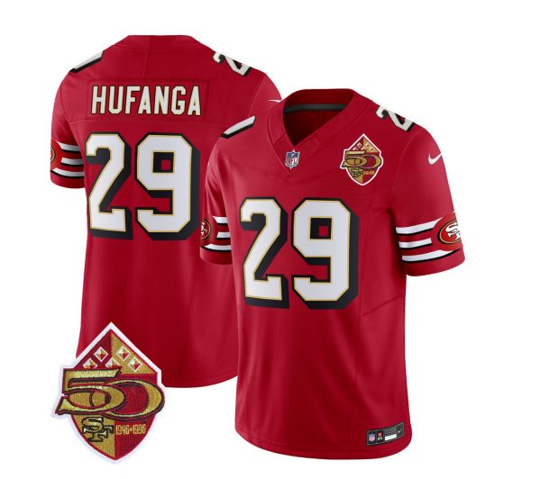 Men's San Francisco 49ers #29 Talanoa Hufanga Red 2023 F.U.S.E. 50th Patch Throwback Stitched Football Jersey - Custom Name