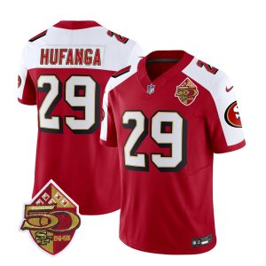 Men's San Francisco 49ers #29 Talanoa Hufanga Red-White 2023 F.U.S.E. 50th Patch Throwback Stitched Football Jersey - Custom Name