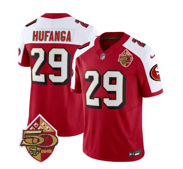 Men's San Francisco 49ers #29 Talanoa Hufanga Red-White 2023 F.U.S.E. 50th Patch Throwback Stitched Football Jersey - Custom Name