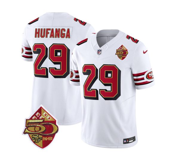 Men's San Francisco 49ers #29 Talanoa Hufanga White 2023 F.U.S.E. 50th Patch Throwback Stitched Football Jersey - Custom Name