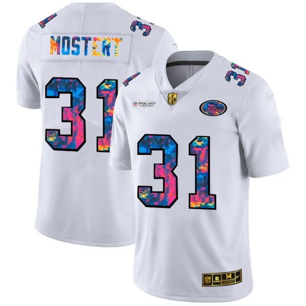 Men's San Francisco 49ers #31 Raheem Mostert 2020 White NFL Crucial Catch Limited Stitched Jersey - Custom Name