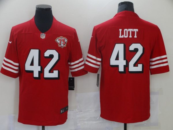 Men's San Francisco 49ers #42 Ronnie Lott 2021 Scarlet 75th Anniversary Alternate Vapor Untouchable Limited Stitched Jersey - Custom Name