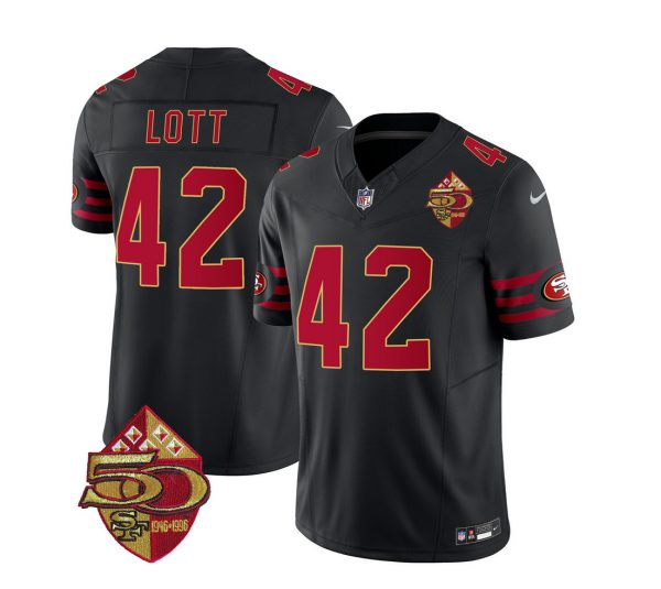 Men's San Francisco 49ers #42 Ronnie Lott Black 2023 F.U.S.E. 50th Patch Vapor Limited Stitched Football Jersey - Custom Name