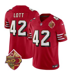 Men's San Francisco 49ers #42 Ronnie Lott Red 2023 F.U.S.E. 50th Patch Throwback Stitched Football Jersey - Custom Name