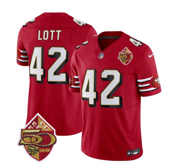 Men's San Francisco 49ers #42 Ronnie Lott Red 2023 F.U.S.E. 50th Patch Throwback Stitched Football Jersey - Custom Name