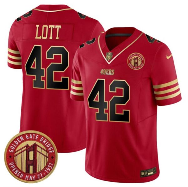Men's San Francisco 49ers #42 Ronnie Lott Red F.U.S.E. Golden Gate Bridge Patch Balck Scarlet Vapor Limited Stitched Football Jersey - Custom Name