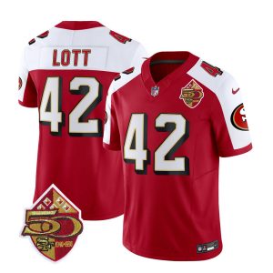 Men's San Francisco 49ers #42 Ronnie Lott Red-White 2023 F.U.S.E. 50th Patch Throwback Stitched Football Jersey - Custom Name