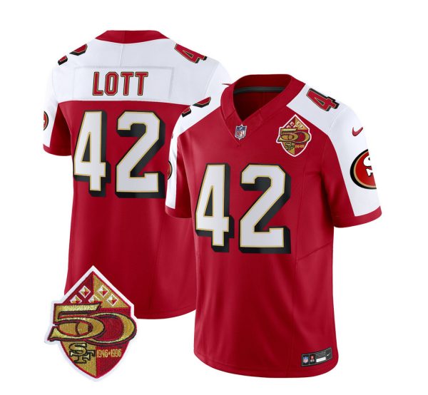 Men's San Francisco 49ers #42 Ronnie Lott Red-White 2023 F.U.S.E. 50th Patch Throwback Stitched Football Jersey - Custom Name